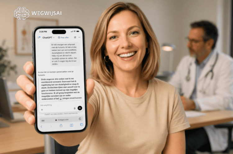 Vrouw toont ChatGPT op smartphone met arts op achtergrond.