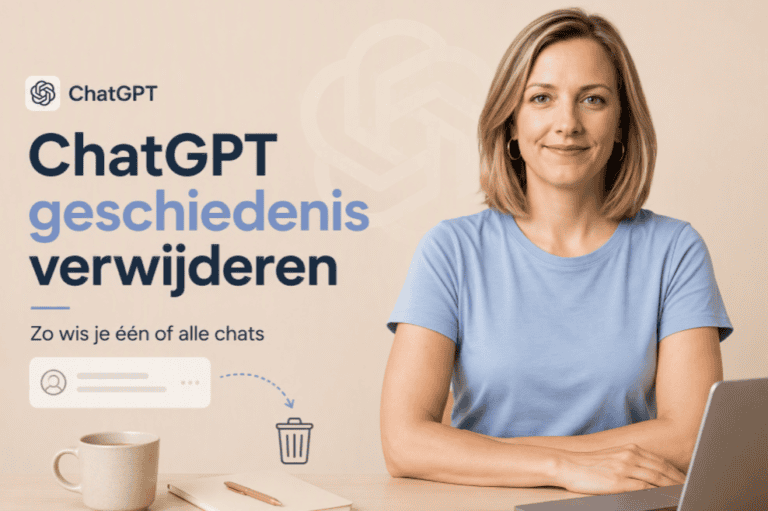 Hero-afbeelding voor een artikel over het verwijderen van ChatGPT-gesprekken, met een persoon in een lichtblauw T-shirt naast de titel "ChatGPT geschiedenis verwijderen" en een subtiele illustratie die het verwijderen van chats weergeeft.