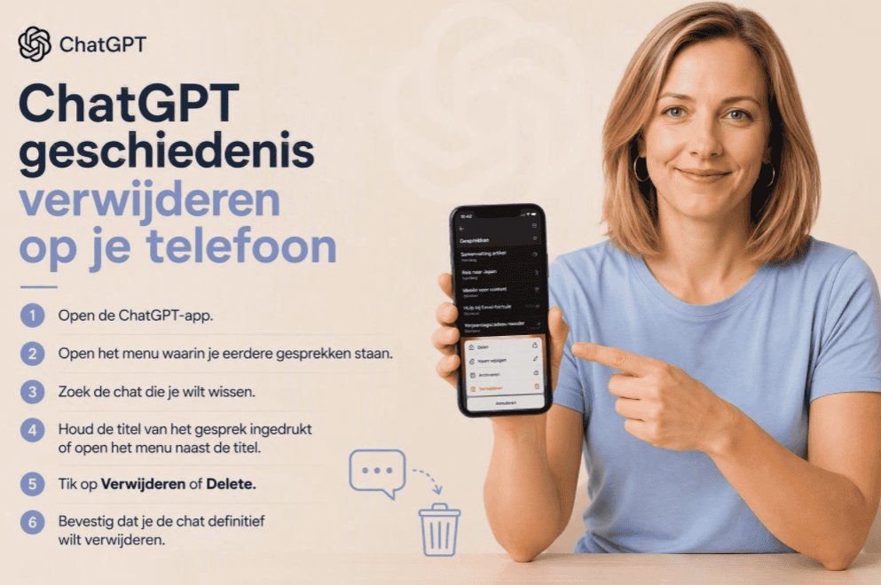 Sanne toont op een telefoon hoe je ChatGPT-geschiedenis verwijdert, met stappen voor het wissen van een chat in de ChatGPT-app.