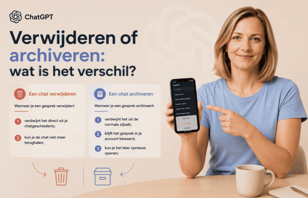 Sanne toont op een telefoon het verschil tussen een ChatGPT-chat verwijderen en archiveren, met duidelijke uitleg over wat er met een gesprek gebeurt.