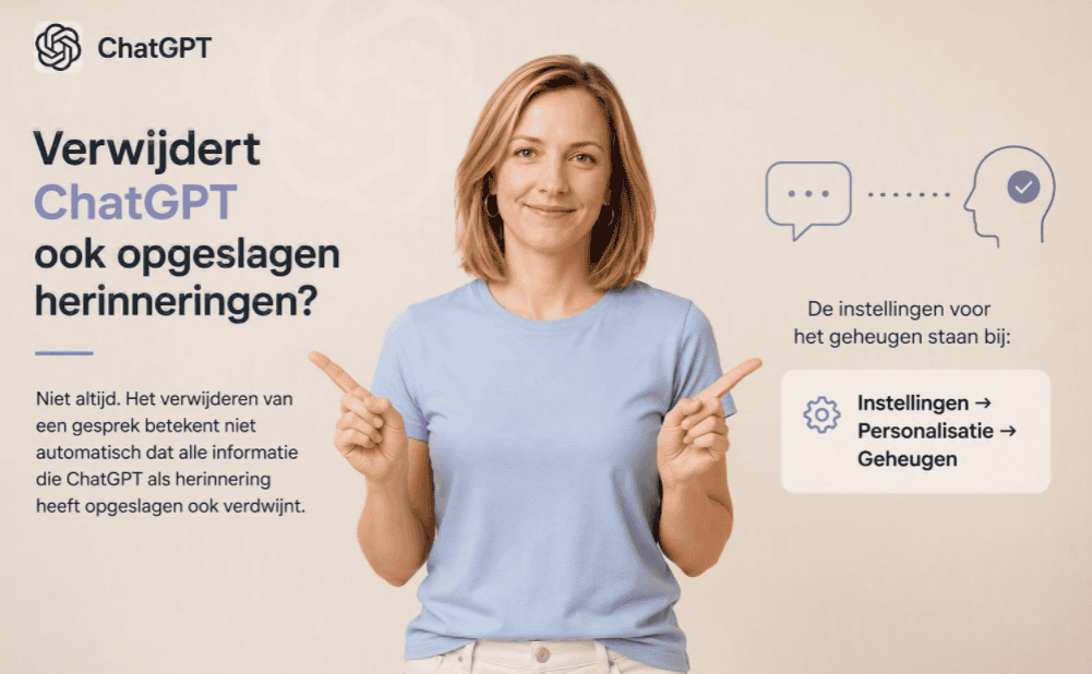 Sanne staat centraal in een lichte beige hero-afbeelding over de vraag of ChatGPT ook opgeslagen herinneringen verwijdert, met een verwijzing naar Instellingen, Personalisatie en Geheugen.