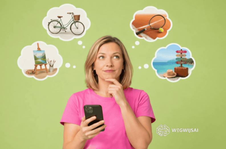 Ideeën bedenken met ChatGPT Vrouw denkt na over creatieve hobby's zoals fietsen, schilderen en reizen met haar smartphone.