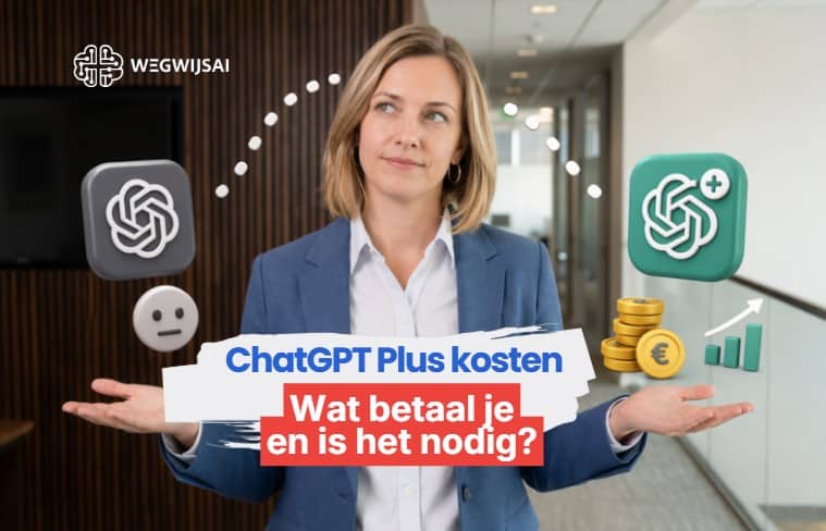 ChatGPT Plus kosten Vrouw met digitale iconen over ChatGPT Plus kosten en voordelen, zakelijke omgeving.