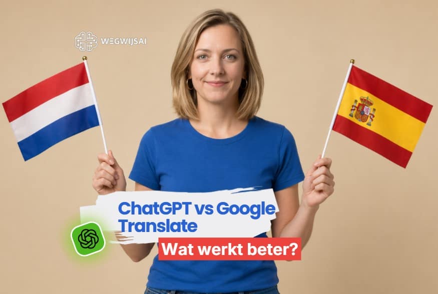 ChatGPT vs Google Translate uitgelegd voor beginners . Vrouw houdt Nederlandse en Spaanse vlaggen, vergelijking ChatGPT en Google Translate.