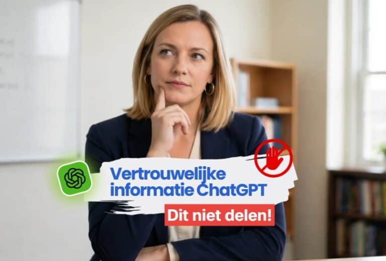 Vrouw denkt na over vertrouwelijke informatie en ChatGPT-beveiliging.