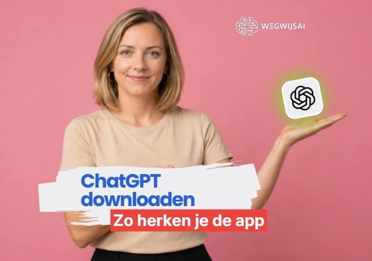 Vrouw houdt hand omhoog met ChatGPT-logo, promotie voor app downloaden.