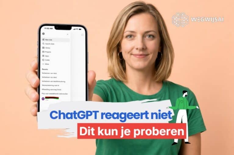 Vrouw toont smartphone met chatapp, tekst "ChatGPT reageert niet" en "Dit kun je proberen".