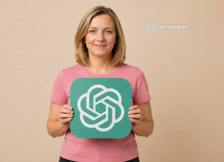 ChatGPT site Vrouw houdt WegwijsAI logo, symbool voor AI-ondersteuning en digitale innovatie.