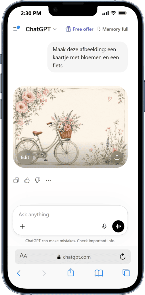 Fiets met bloemenmand en bloemen op de achtergrond.