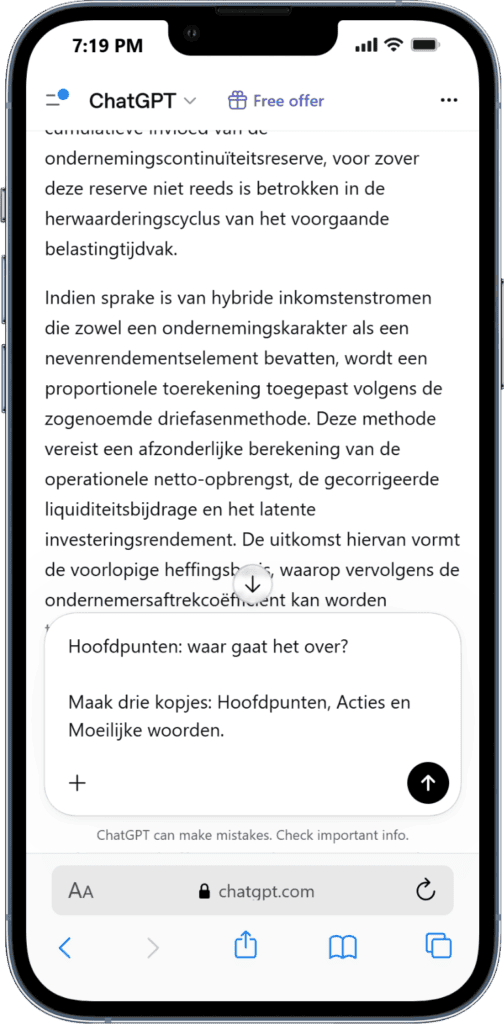ChatGPT tekst samenvatten WegwijsAI logo, AI-ondersteunde zakelijke adviesdienst op mobiel.
