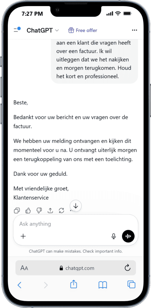 ChatGPT privacy instellingen AI-ondersteuning voor klantenservice en communicatie bij WegwijsAI.