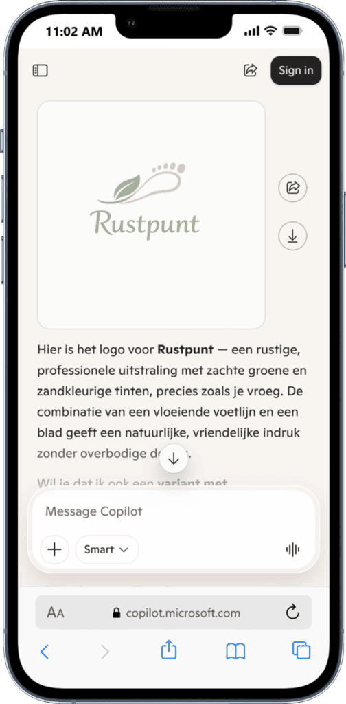 ChatGPT logo maken Rustpunt logo met groene bladeren en zachte kleuren voor een professionele uitstraling.