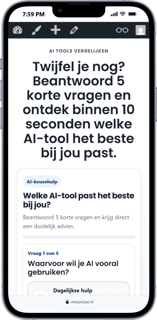WegwijsAI logo en interface met AI-tools voor AI-ondersteuning en advies.