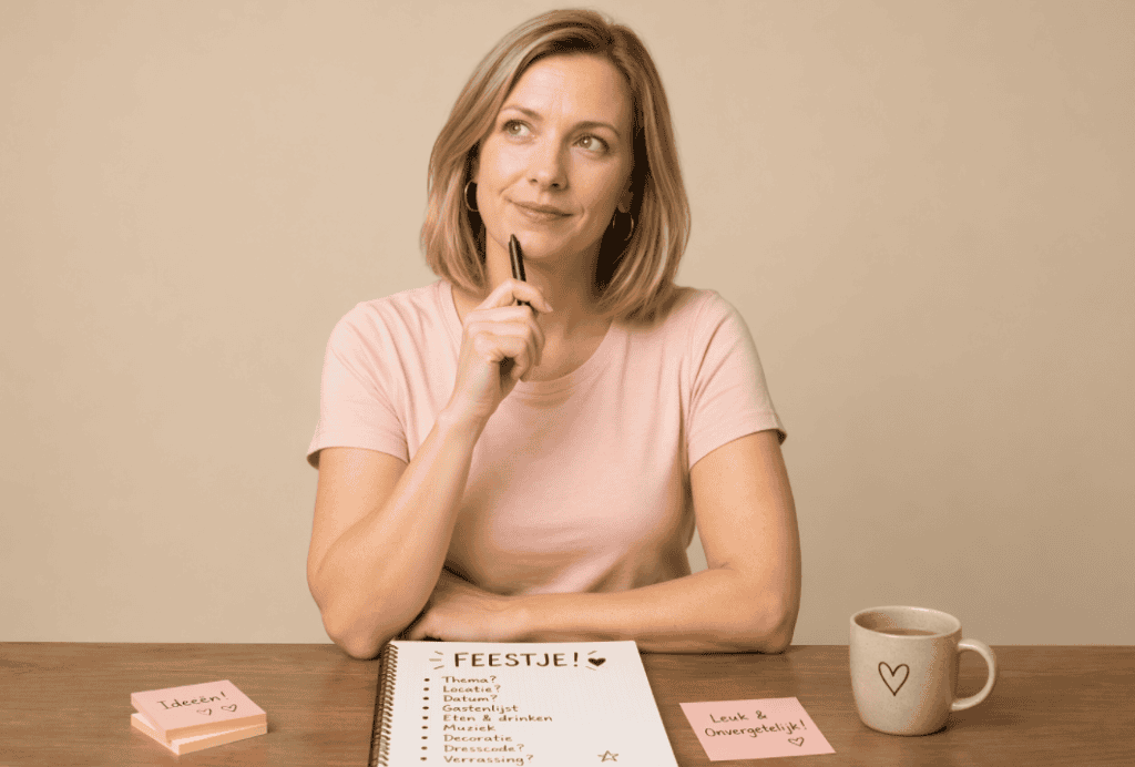 ChatGPT uitnodiging maken Vrouw die nadenkt over planning met notities en koffie.