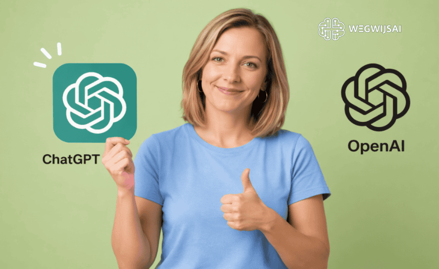 Vrouw met ChatGPT en OpenAI logo's, wijst naar AI-technologie, groene achtergrond.