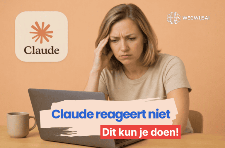 Sanne kijkt naar een laptop waarop Claude niet reageert met een kapot Claude-logo op de achtergrond