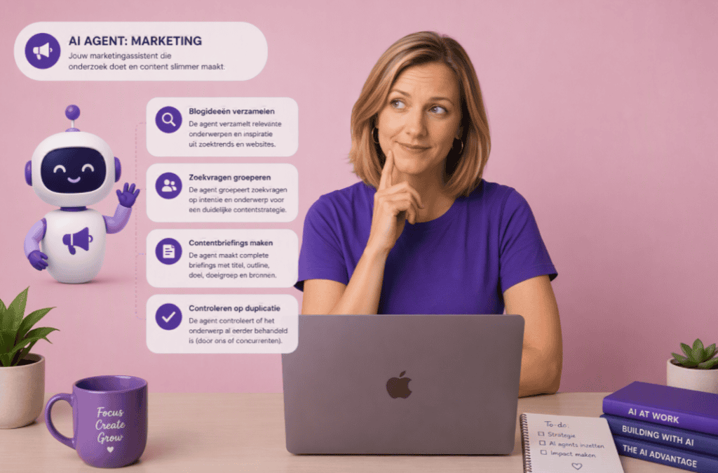 Vrouw met laptop en WegwijsAI infographic over AI-agent functies.