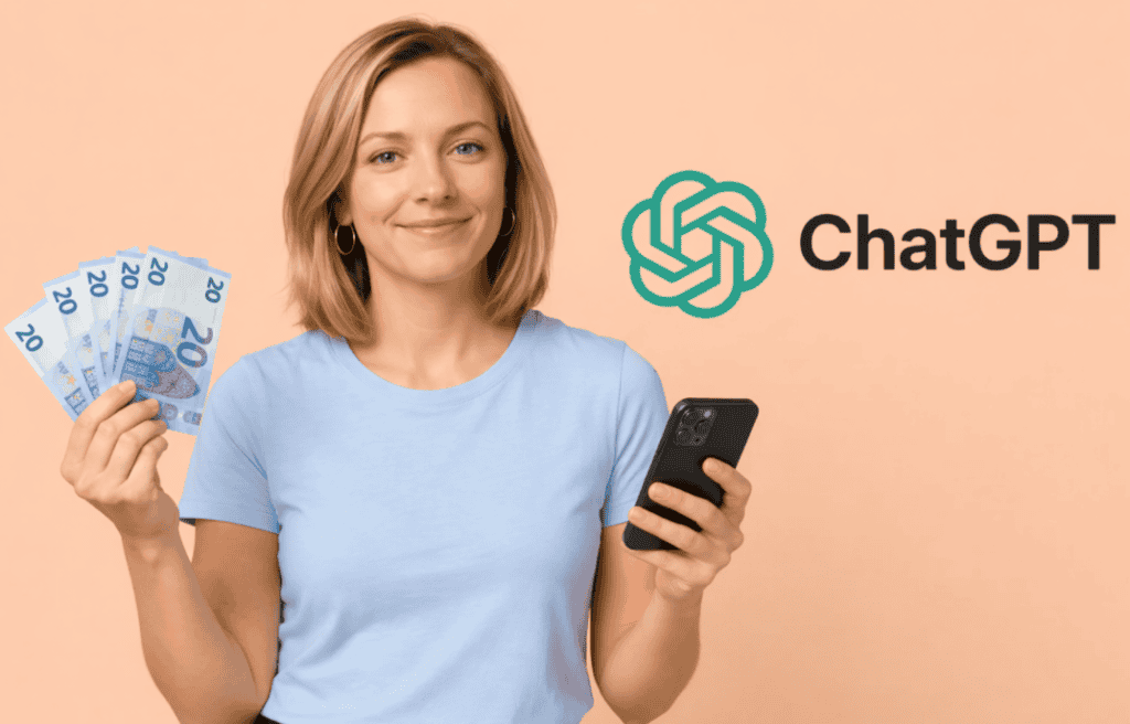 ChatGPT betaald Vrouw met eurobiljetten en smartphone, AI-technologie voor financiële planning.