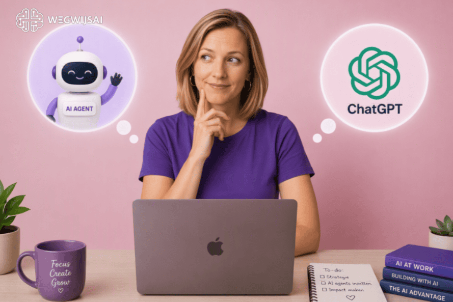 Vrouw denkt na over AI-agent en ChatGPT, met illustraties eromheen.