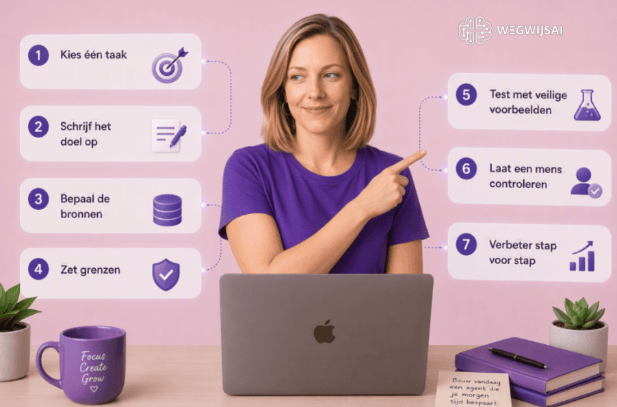 Illustratie van een vrouw die AI-stappenplan presenteert.