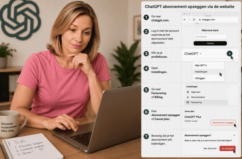 Sanne bekijkt op haar laptop hoe je een ChatGPT abonnement via de website opzegt, met een stappenoverzicht voor account, instellingen en facturering.
