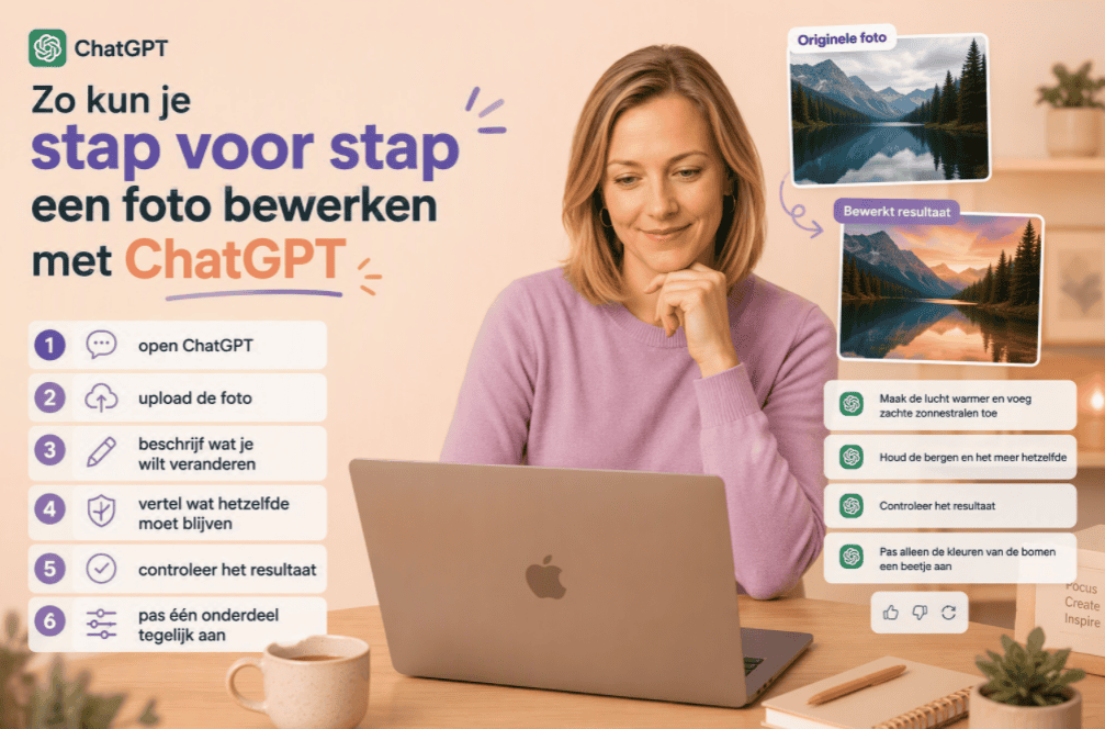 Sanne achter een laptop met stappenplan voor foto bewerken met ChatGPT