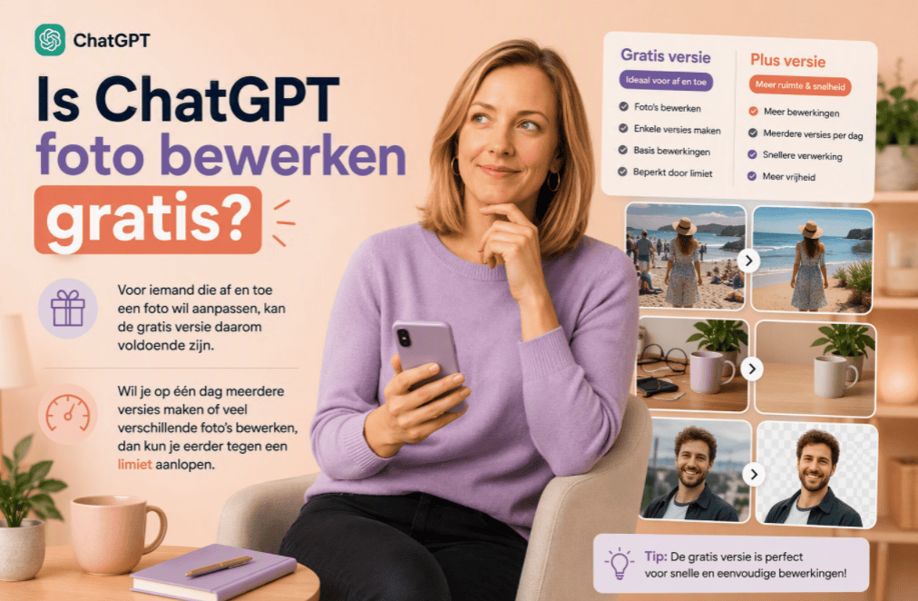 Sanne bekijkt haar telefoon terwijl wordt uitgelegd wanneer de gratis versie van ChatGPT voldoende is voor fotobewerking.