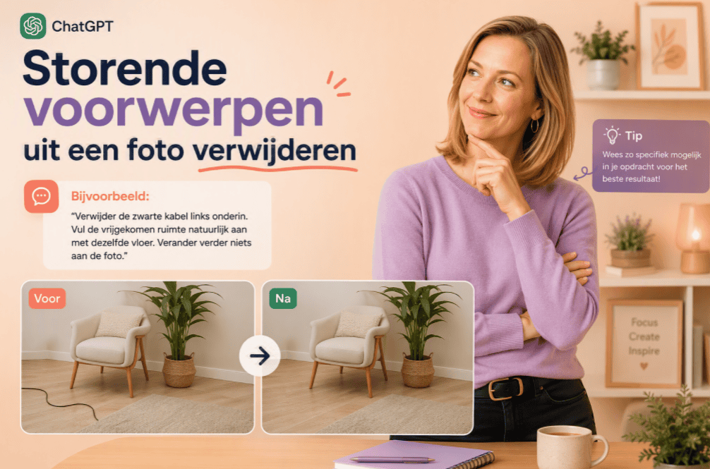 Sanne laat zien hoe je met ChatGPT storende voorwerpen uit een foto verwijdert met een duidelijke prompt en een voor- en na-voorbeeld.