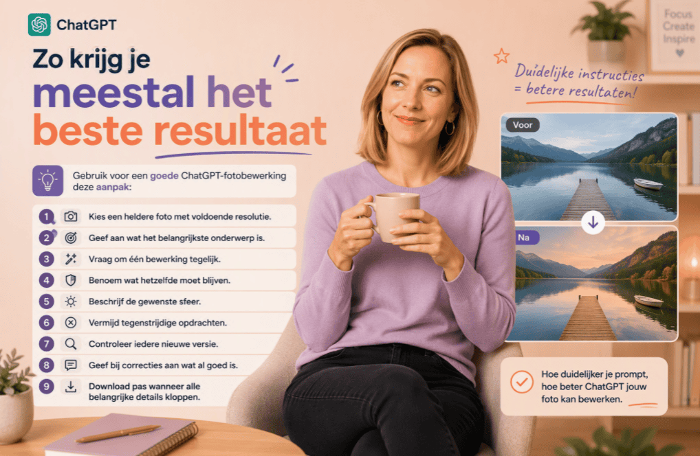 Sanne legt uit hoe je betere resultaten krijgt met ChatGPT-fotobewerking door duidelijke prompts en stapsgewijze aanpassingen te gebruiken.