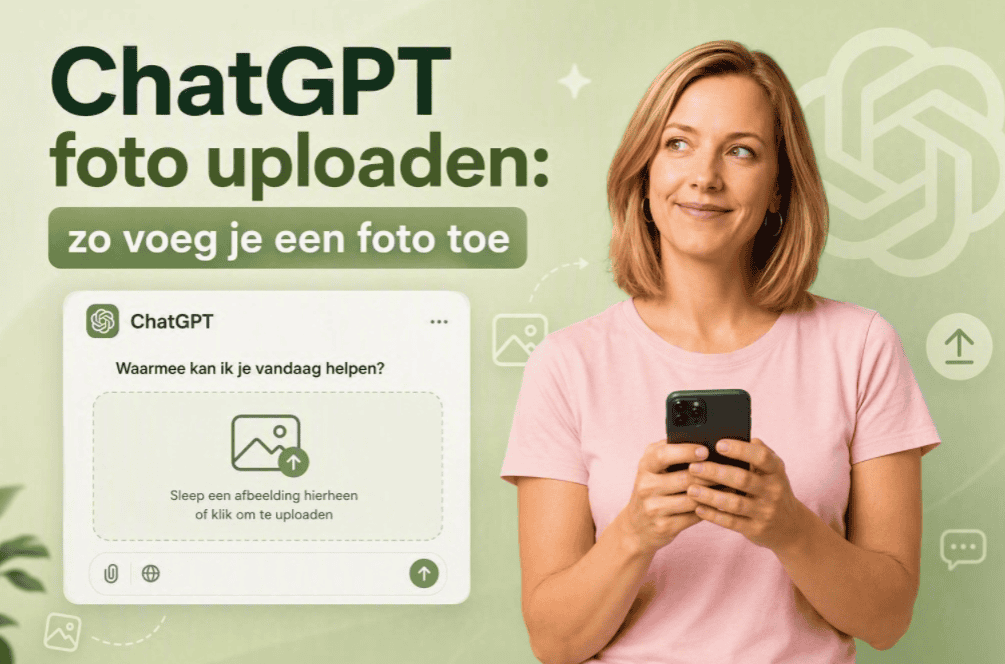 ChatGPT foto uploaden via smartphone met uploadvenster voor afbeeldingen en ChatGPT-interface op een lichtgroene achtergrond.