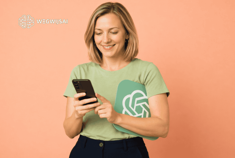Vrouw met smartphone en WegwijsAI logo op groene T-shirt, lachend en gebruikmakend van technologie.