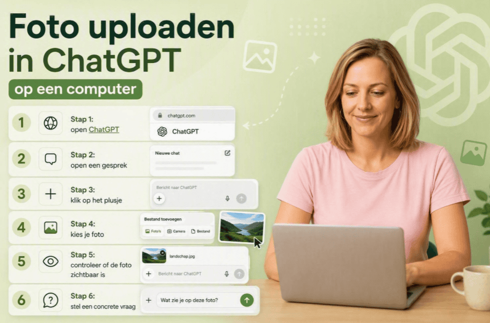 Foto uploaden in ChatGPT op een computer met stapsgewijze uitleg, uploadvenster en laptopinterface.