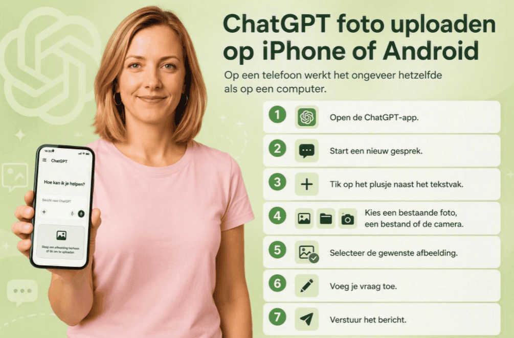 ChatGPT foto uploaden op iPhone of Android met smartphone, ChatGPT-app en stapsgewijze uitleg voor het toevoegen van afbeeldingen.