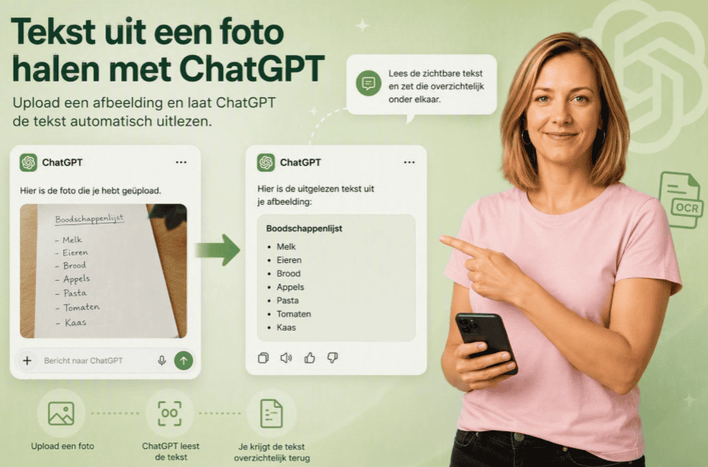 Tekst uit een foto halen met ChatGPT door een afbeelding van een document te uploaden en automatisch tekst uit de foto te laten uitlezen.