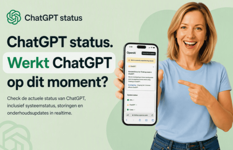 ChatGPT statuspagina met smartphone waarop de OpenAI-statuspagina zichtbaar is en een persoon die wijst naar actuele ChatGPT-storingen.