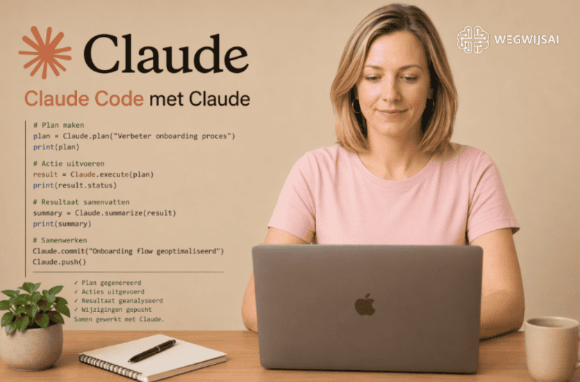 Claude code Vrouw werkt aan projectplanning op laptop met WegwijsAI branding.