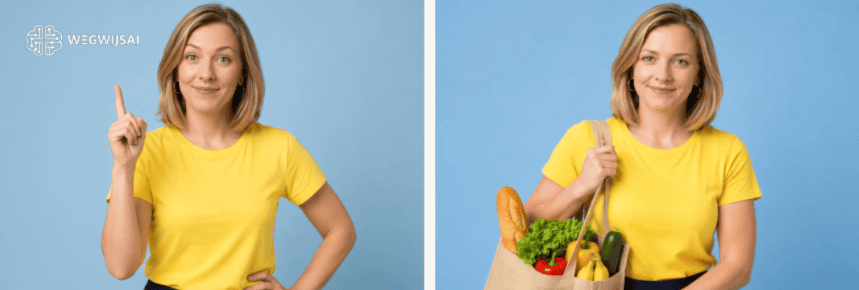 ChatGPT foto bewerken Vrouw in gele shirt met boodschappentas vol verse groenten en fruit.