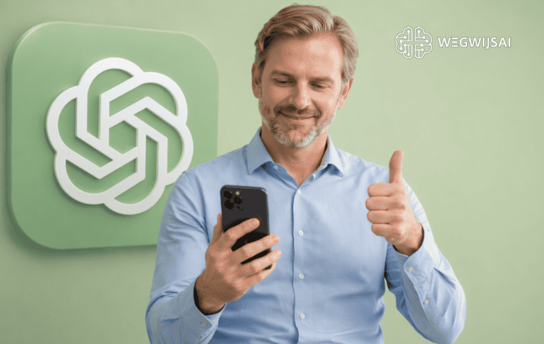ChatGPT gebruiken zonder account Man met smartphone geeft duim omhoog naast WegwijsAI logo.
