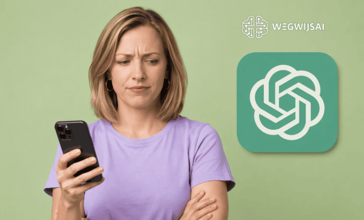 Sanne kijkt verbaasd naar haar smartphone naast WegwijsAI logo.