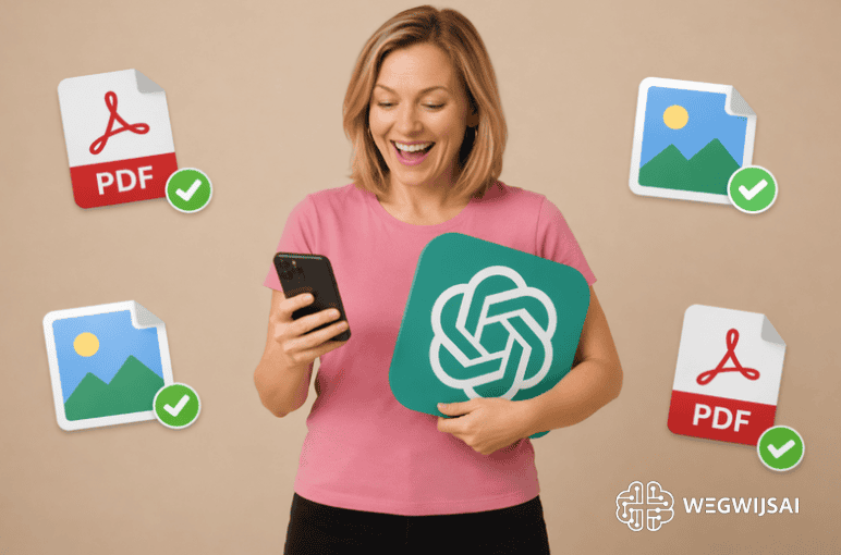 Vrouw met WegwijsAI-logo en digitale documenten, glimlachend met smartphone.