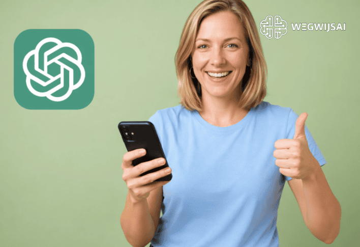 ChatGPT limiet bereikt. Vrouw met smartphone en WegwijsAI logo, technologie en AI ondersteuning.