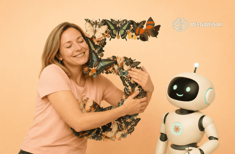 Vrouw omarmt kleurrijke vlinders met robot op de achtergrond, AI-technologie voor begeleiding.