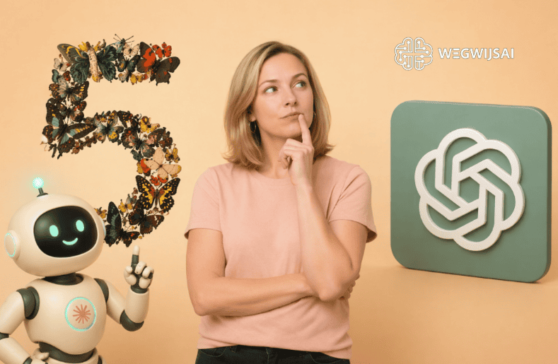 AI-robot en vrouw met logo WegwijsAI en kunstmatige intelligentie.