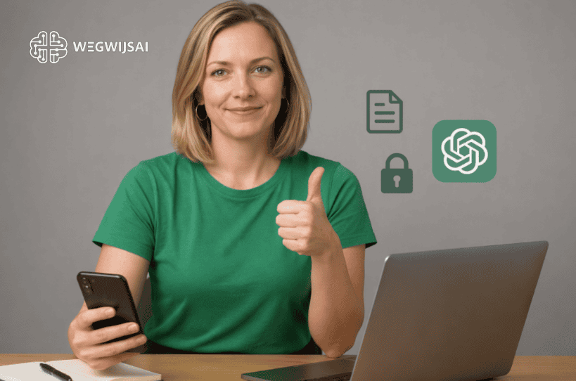 Vrouw met smartphone en laptop, WegwijsAI logo op achtergrond, technologie en beveiliging.