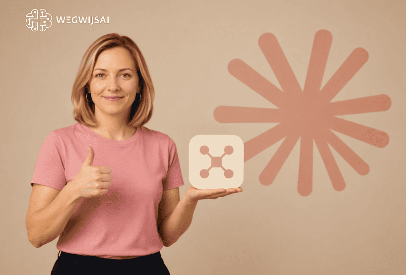 Claude API key Vrouw met duim omhoog en WegwijsAI logo voor AI-ondersteuning.