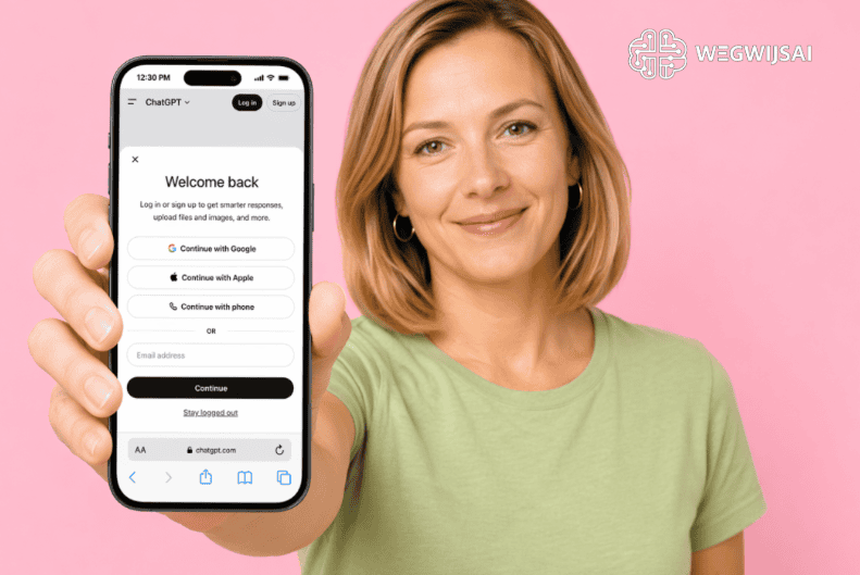 ChatGPT login Sanne. toont smartphone met WegwijsAI app voor eenvoudige login en AI-ondersteuning.
