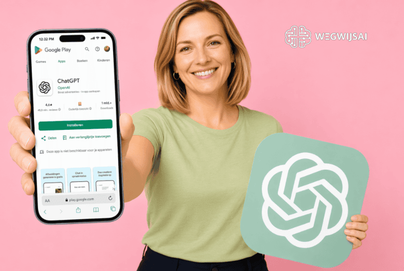 ChatGPT login. Sanne toont smartphone met ChatGPT app en WegwijsAI logo op roze achtergrond.