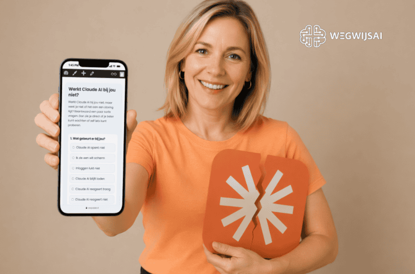 Claude status Sanne toont WegwijsAI app op smartphone en logo, digitale ondersteuning voor hulpvragen.
