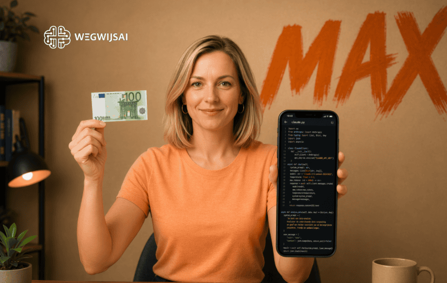 Sanne toont een 100 euro bankbiljet en een smartphone met code, symboliseert AI en financiën.