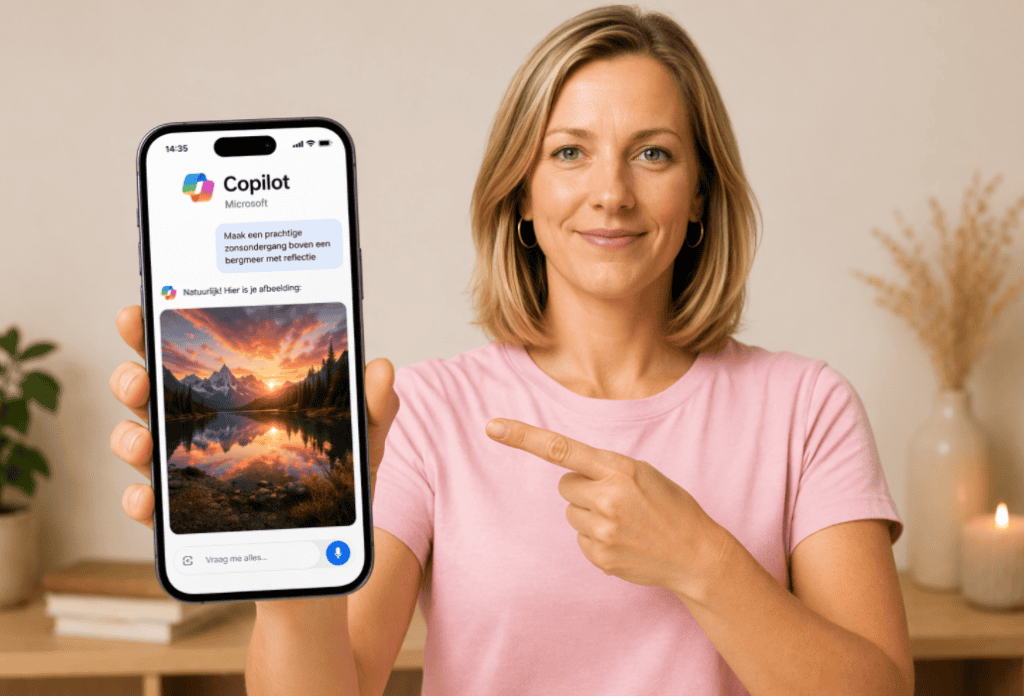 Vrouw toont smartphone met AI-gestuurde begeleiding en navigatie voor persoonlijke ontwikkeling.